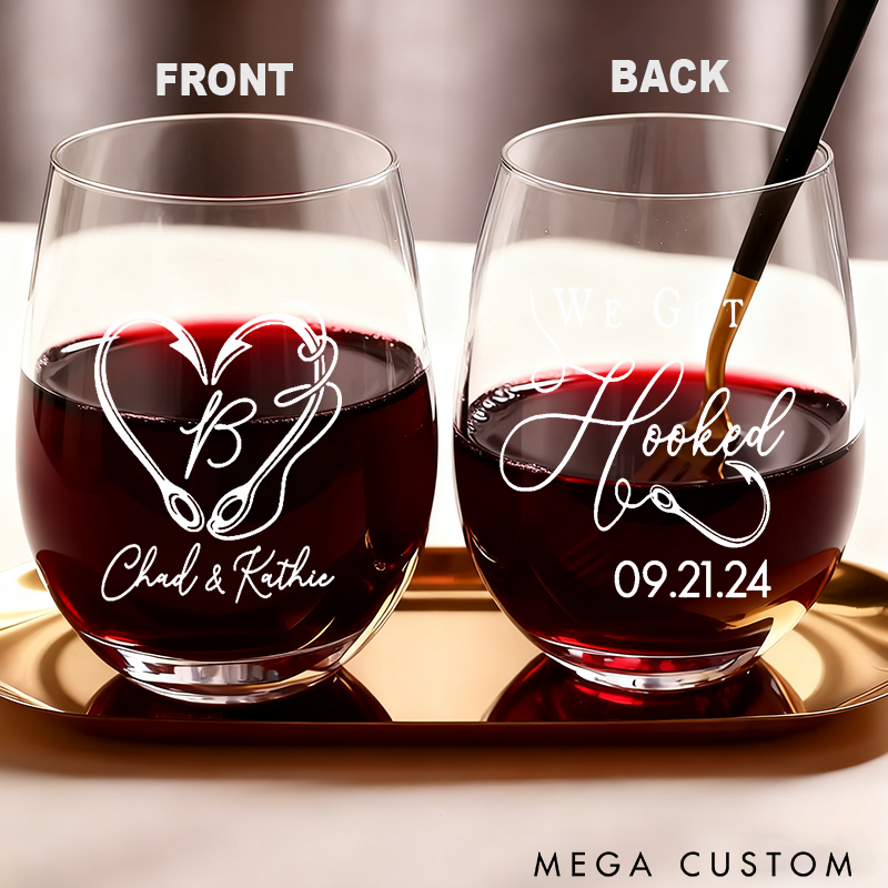Personalized Fishing Wine Glasses with Hooked Heart Design Custom Names and Time Perfect Gift for Couples Weddings Engagements or Anniversaries