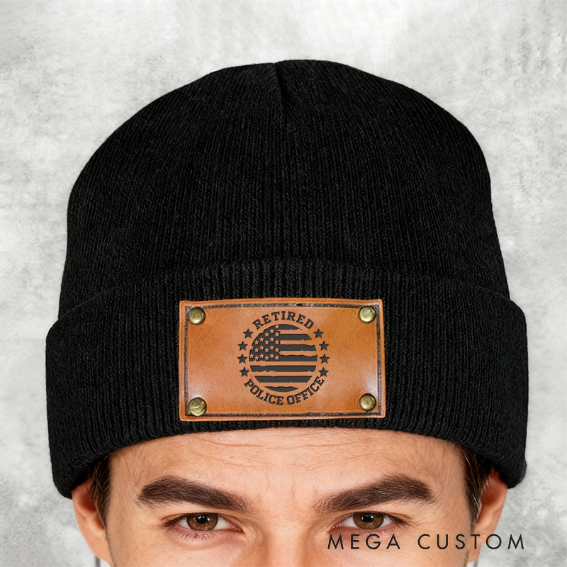 Personalized Retired Police Officer Beanie with Leather Patch Design Thoughtful Gift for Law Enforcement 