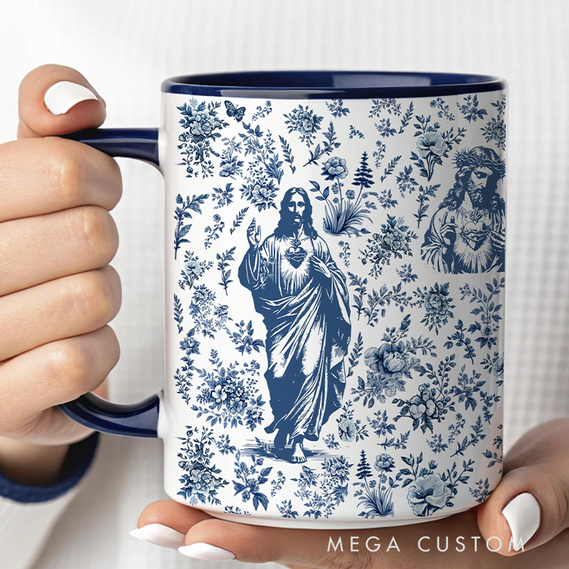 Personalized Sacred Heart of Jesus 11oz Ceramic Mug with Name Blue Toile Coffee Cup Christian Prayer Faith Tea Mug Catholic Gift for Mom or Grandma