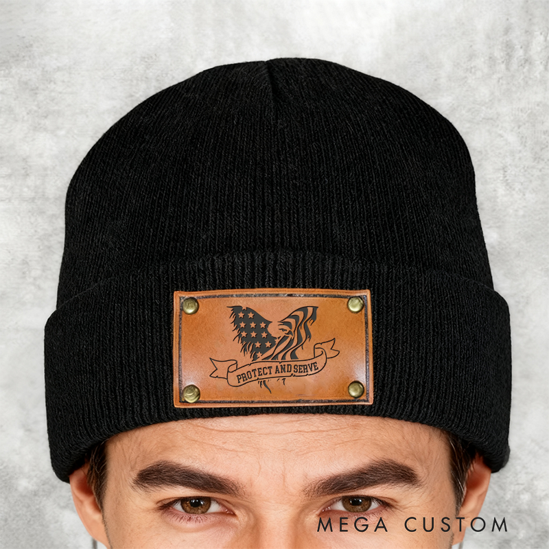Personalized Protect and Serve Beanie Eagle Leather Patch Design Thoughtful Gift for Law Enforcement Officers