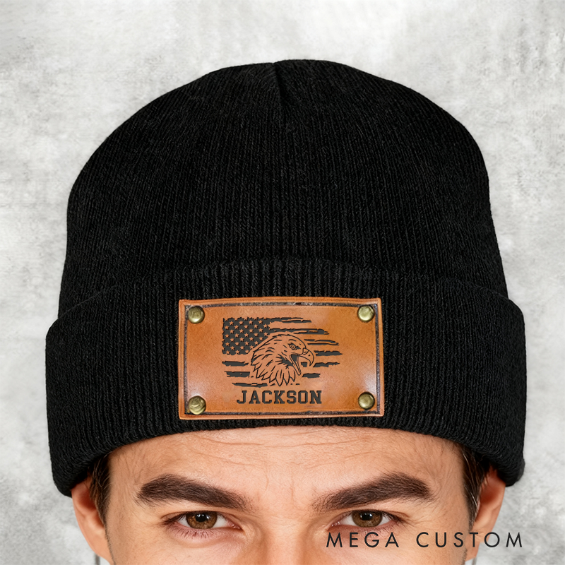 Personalized Eagle Design Beanie with Custom Name and Leather Patch Thoughtful Gift for Law Enforcement Officers