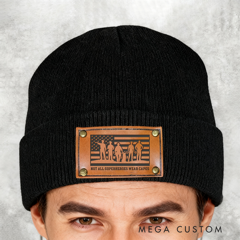 Personalized Custom text Beanie with Leather Patch Design Unique Gift for Police Officer 