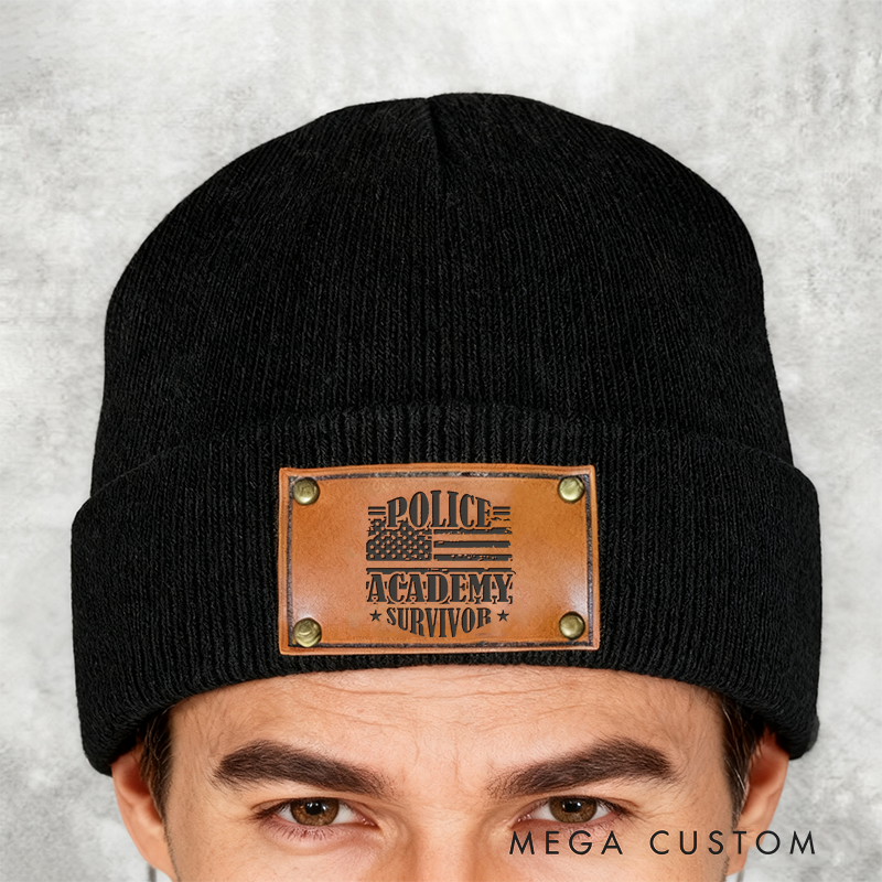 Personalized Police Academy Survivor Beanie with Leather Patch Design Unique Gift for Law Enforcement Graduates