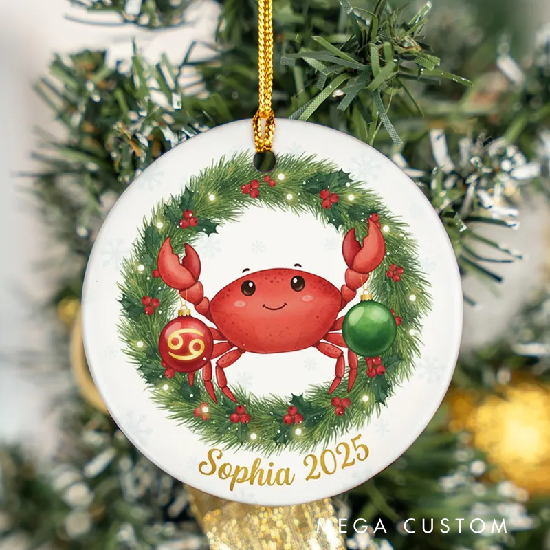 Personalized Cancer Christmas Ornament Ceramic Zodiac Crab Christmas Decoration Astrology Holiday Keepsake With Name Birthday Gift