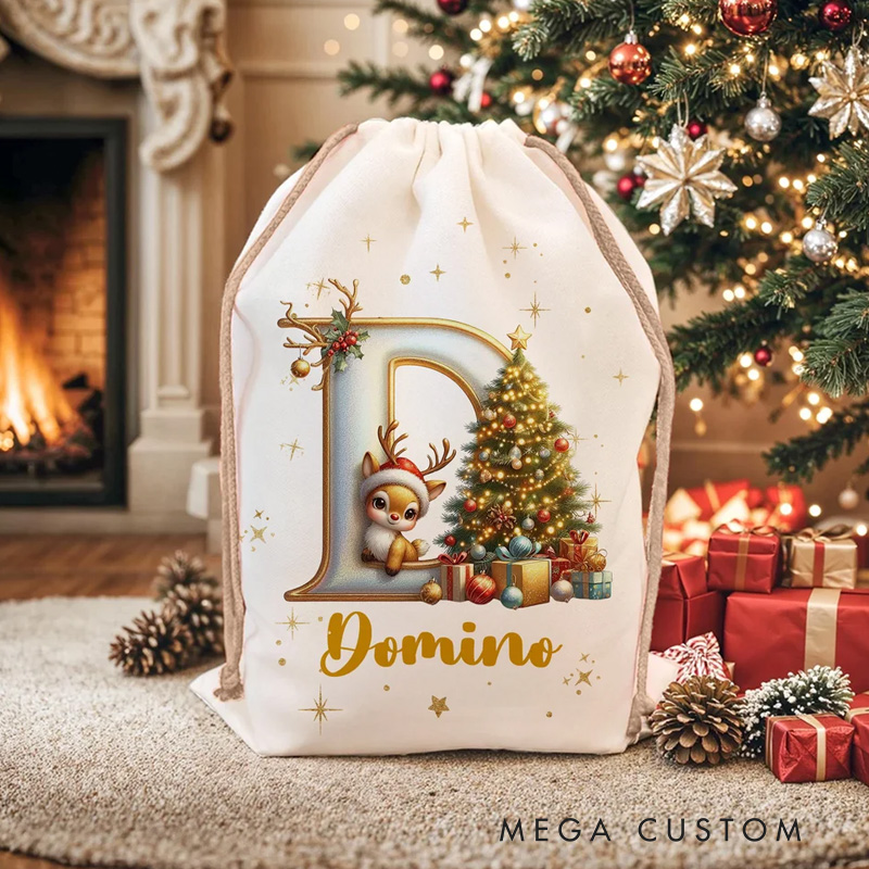Personalized Cute Cartoon Elk Christmas Tree Initial Canvas Drawstring Gift Bag with Name Christmas Gift for Friends Family