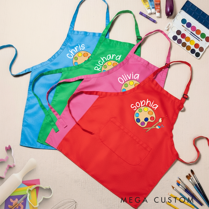 Personalized Colorful Palette Kids Art Apron Art Party Apron Chef Hat Set with Name Cooking Handcraft Activities Birthday Holiday Gift for Kids