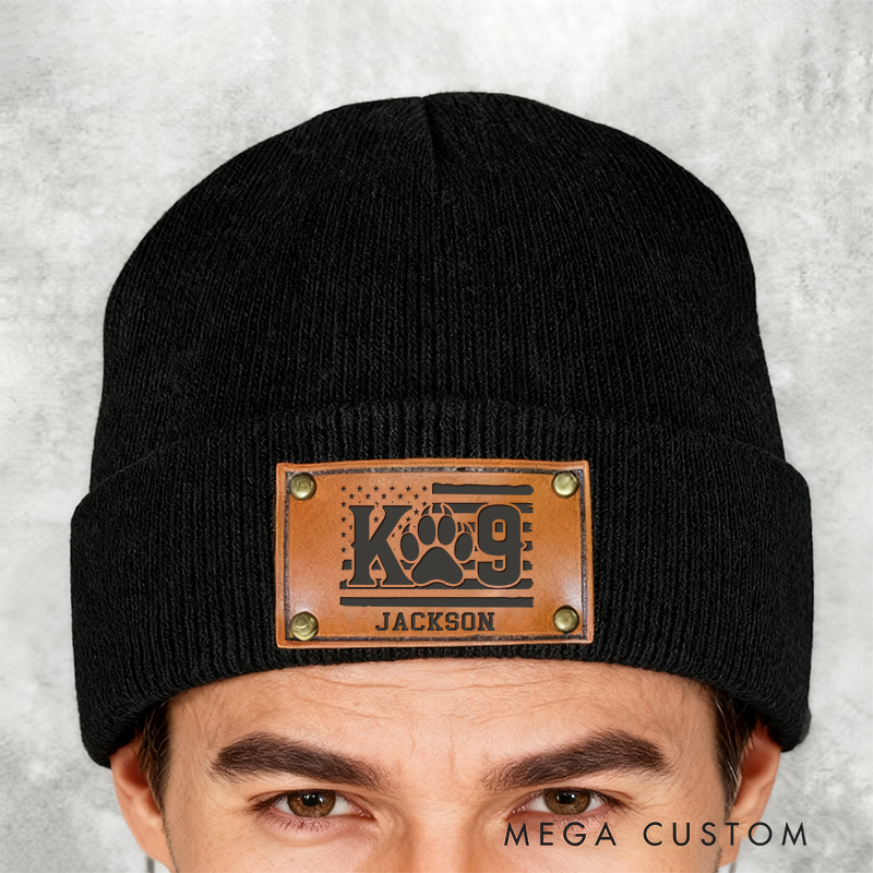 Personalized K9 Unit Beanie Leather Patch Design Unique Gift for Dog Handlers and Law Enforcement