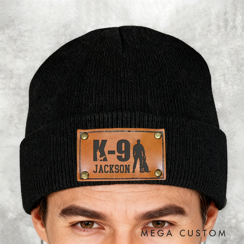Personalized K9 Unit Beanie Leather Patch Design Unique Gift for Dog Handlers and Law Enforcement