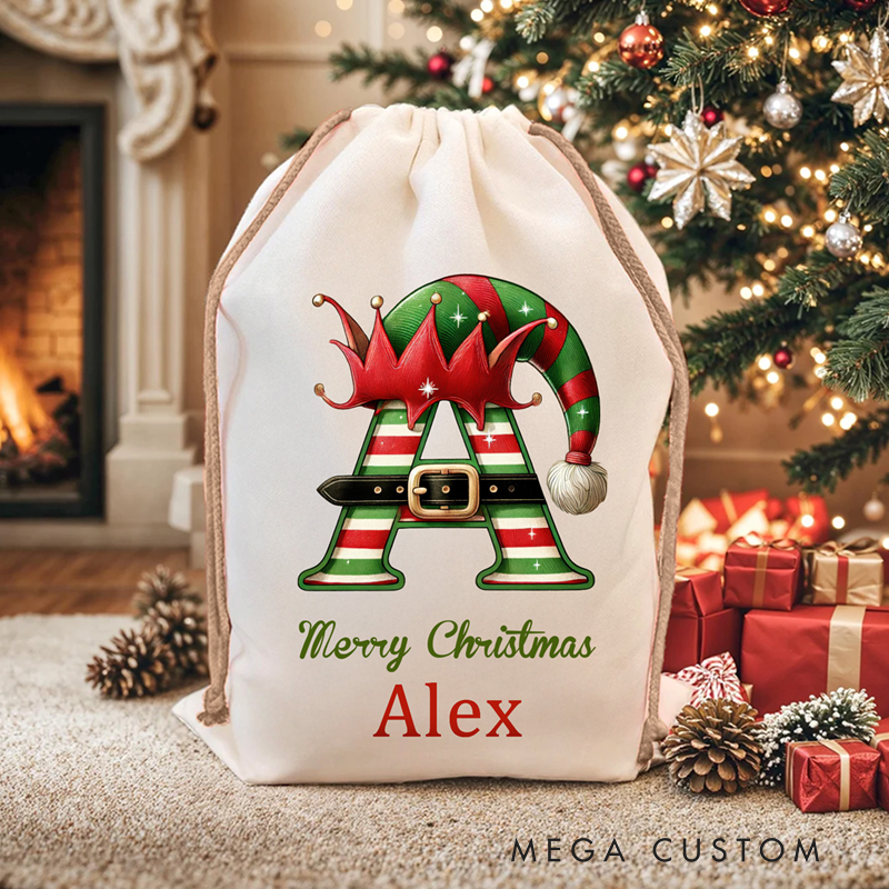Personalized Santa Sack with Custom Name Holiday Gift Bag for Kids Family Christmas Elf Hat Initial Name Gift Bag 