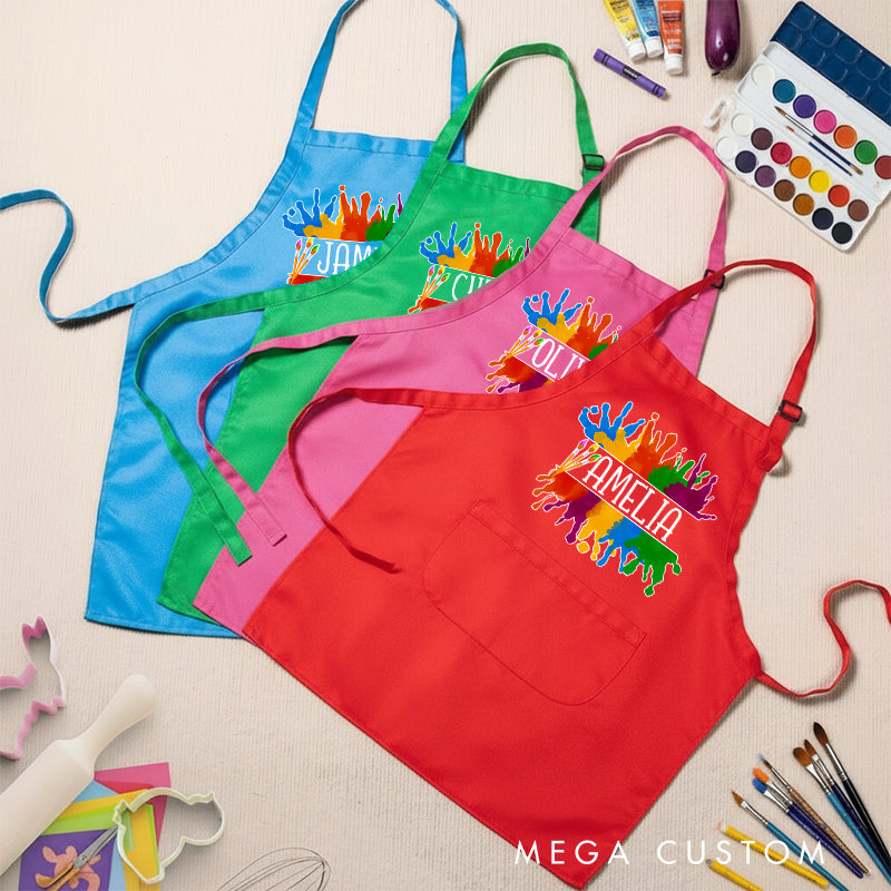 Personalized Vibrant Paint Splash Kids Art Apron Art Party Apron Chef Hat Set with Name Cooking Handcraft Activities Birthday Holiday Gift for Kids