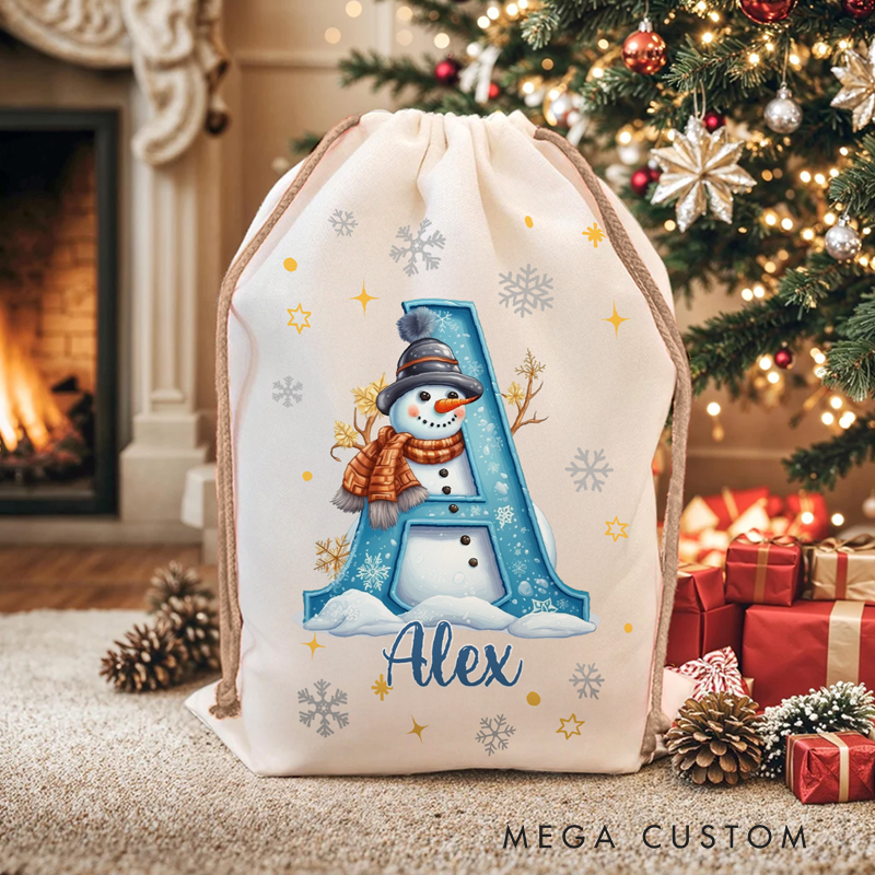 Personalized Snowman Christmas Gift Bag Custom Initial & Name Holiday Sack