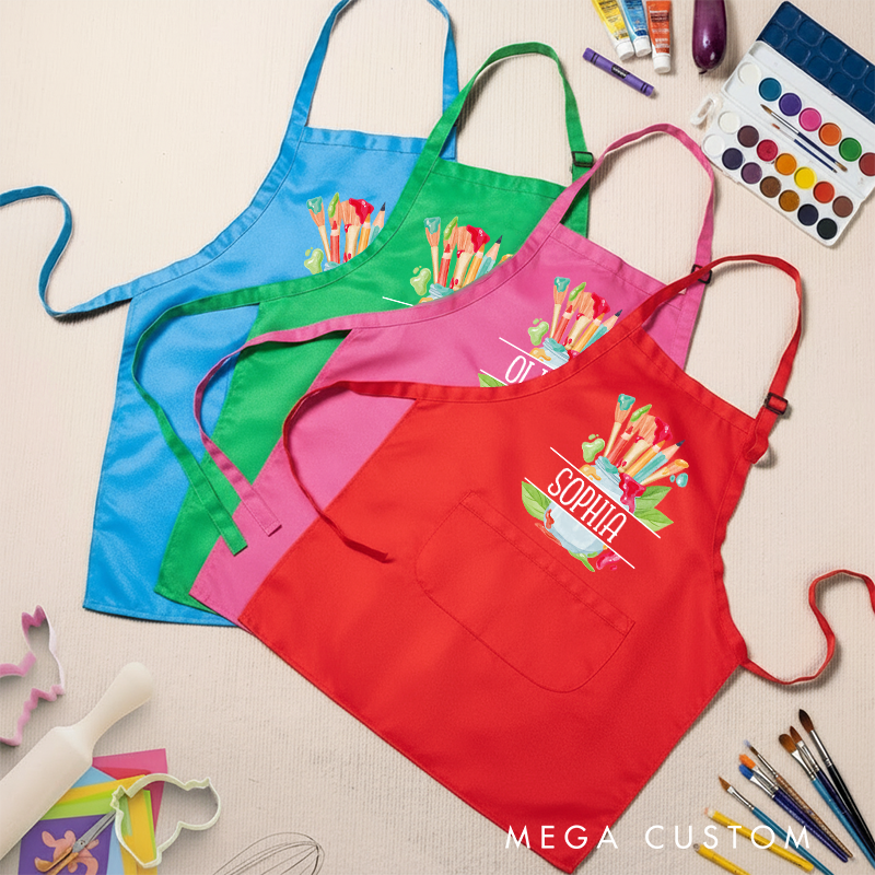 Personalized Watercolor Set Kids Art Apron Art Party Apron Chef Hat Set with Name Cooking Handcraft Activities Birthday Holiday Gift for Kids