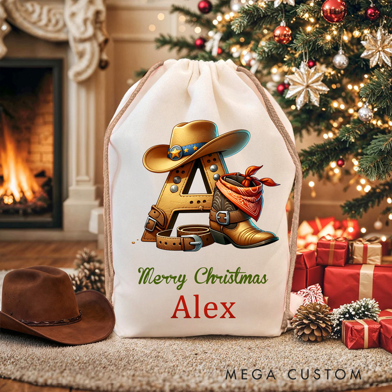 Personalized Santa Sack with Custom Name Western Christmas Gift Bag for Kids and Family Christmas Cowboy Boot Initial Name Gift Bag