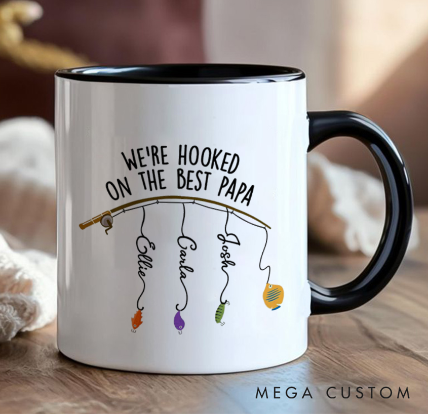 Personalized Fishing Themed Mug Hooked on the Best Mug Fathers Day Gift Cusrtom Kids' Names Perfect Gift for Dad Father’s Day or Birthday