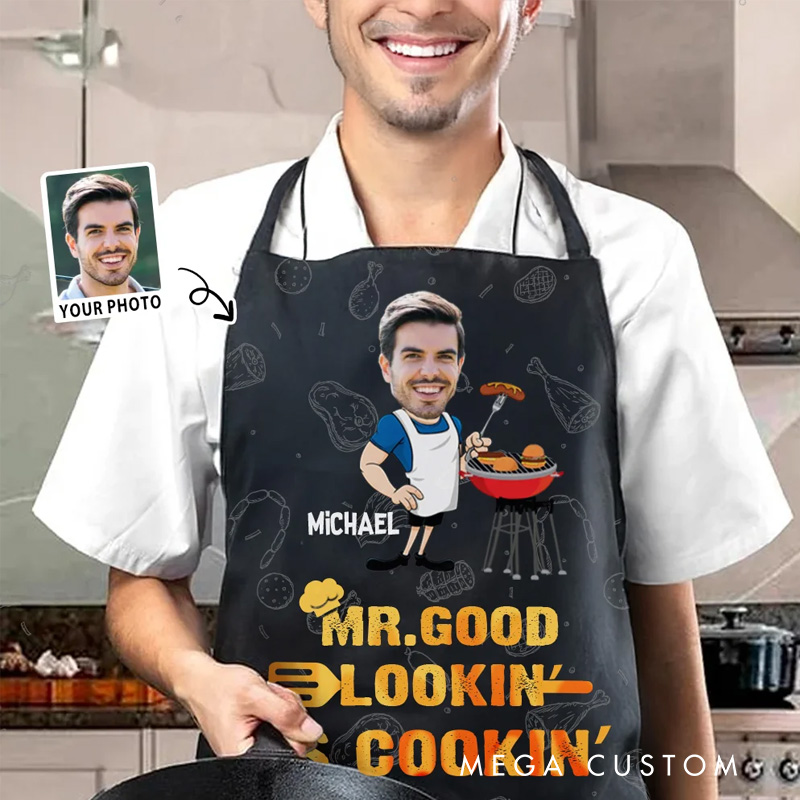 Personalized Funny MR. GOOD LOOKIN Face Photo Barbecue Waterproof Adjustable Men's Apron with Name Father's Day Birthday Gift for Man BBQ Master