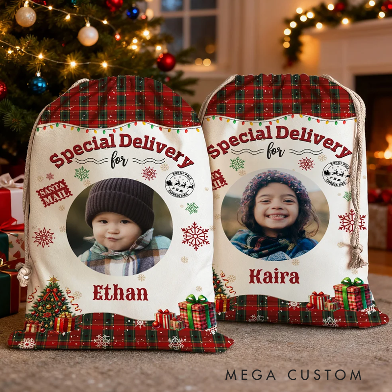 Personalized Christmas Tree Snowflake Checkered Christmas Gift Bag with Name and Photo Christmas Gift for Boys Girls