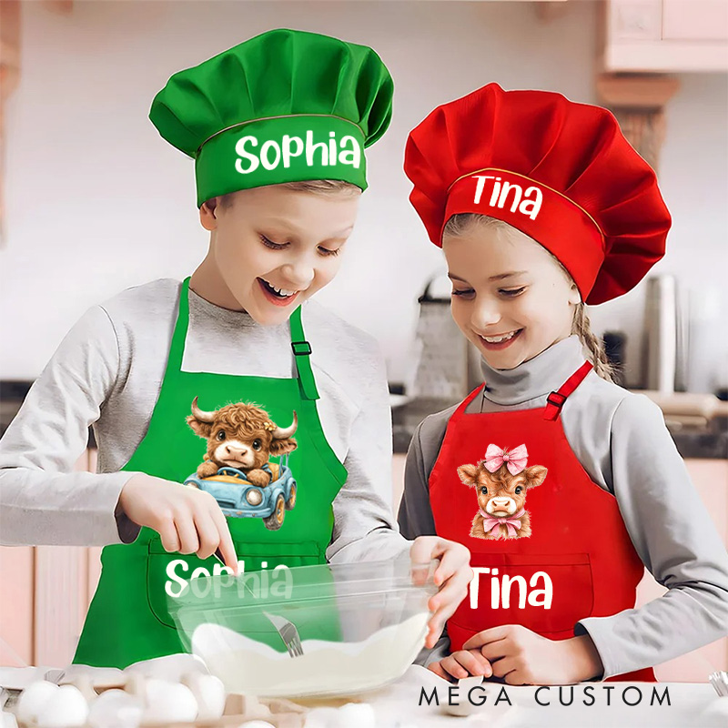 Personalized Animal Adventure Apron with Custom Name and Playful Blue Pink Highland Cow for Fun Baking Activities Kid Apron Gift for Kids