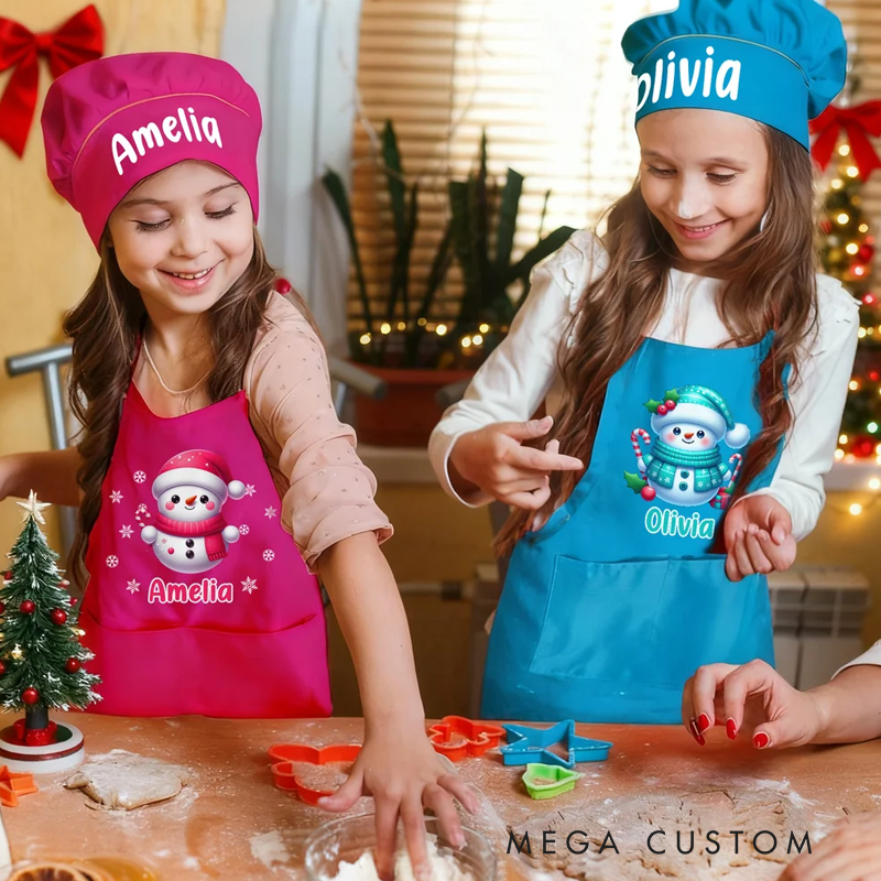 Personalized Cute Christmas Snowman Adjustable Kid Apron Chef Hat Set with Name and Pocket for Cooking Holiday Christmas Gift for Boys Girls