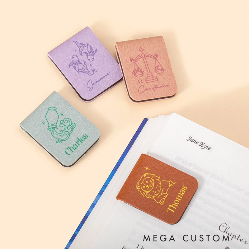 Personalized Hand-Drawn Style Zodiac Sign Magnetic Leather Bookmark Clip with Name Reading Stationary Supplies Birthday Gift for Book Lovers