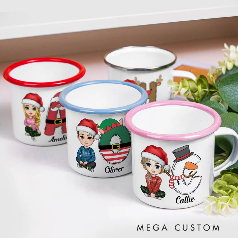 Personalized Santa Elf Reindeer Snowman Initial Cartoon 12oz Colored Rim Enamel Mug with Name Christmas Festival Gift for Kids Family