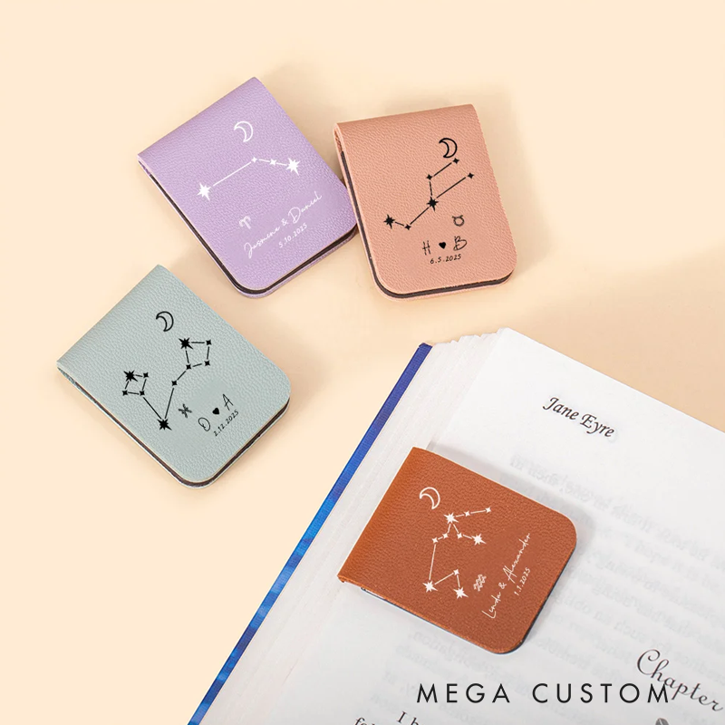 Personalized Zodiac Sign Design Magnetic Leather Bookmark Clip with Engraved Name and Initial Birthday Gift for Book Lovers Bookworm
