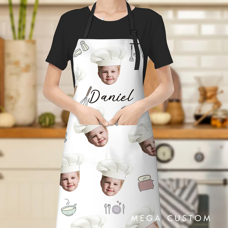 Personalized Cute 1-3 Chef Hat Photos Avatar Apron with Adjustable Neck Strap Baking Apron with Name for Family Baking Lover