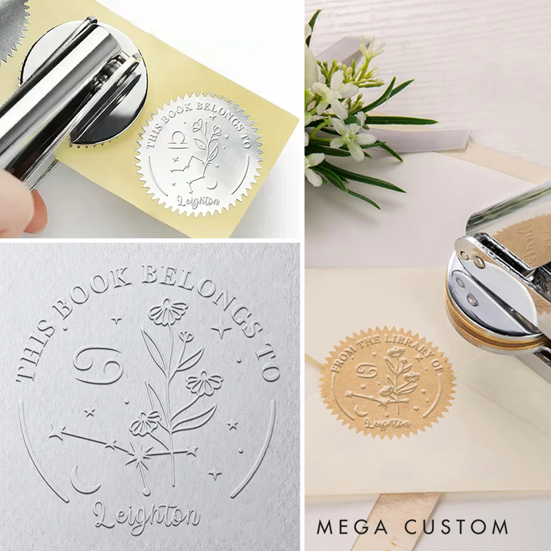 Personalized Zodiac Sign and Birth Flower Theme Book Embosser Stamp with Name Christmas Birthday Gift for Writer Librarian Book Lover
