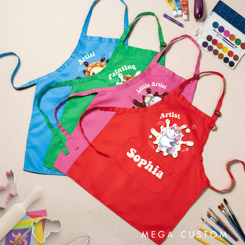 Personalized Cartoon Animal Kids Art Apron Fantasy Unicorn Kid Apron Hat Set with Name Cooking Handcraft Activities Birthday Holiday Gift for Kids