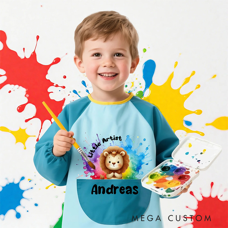 Personalized Watercolor Animal Kids Art Apron Long Sleeve Kid Apron with Name Painting Handcraft Activities Birthday Holiday Gift for Kids