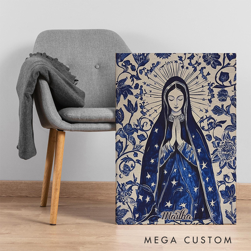 Personalized Our Lady of Guadalupe Frameless Canvas Painting with Name Vintage Blue Beige Catholic Canvas Spiritual Virgin Mary Wall Decor for Prayer