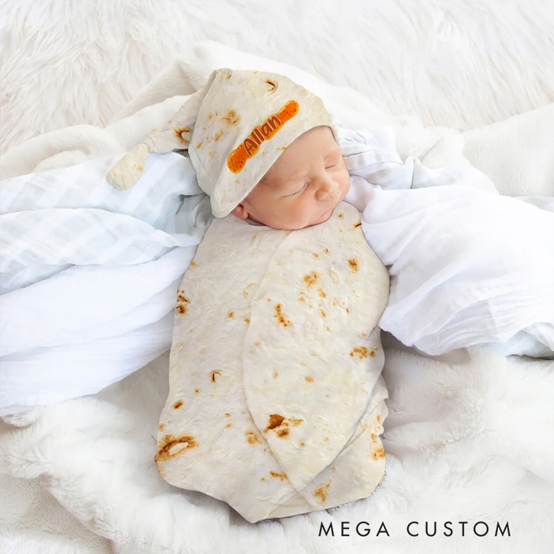 Personalized Tortilla Swaddle Blanket and Knot Hat Set with Name Birthday Baby Shower Gift for Newborns Babies