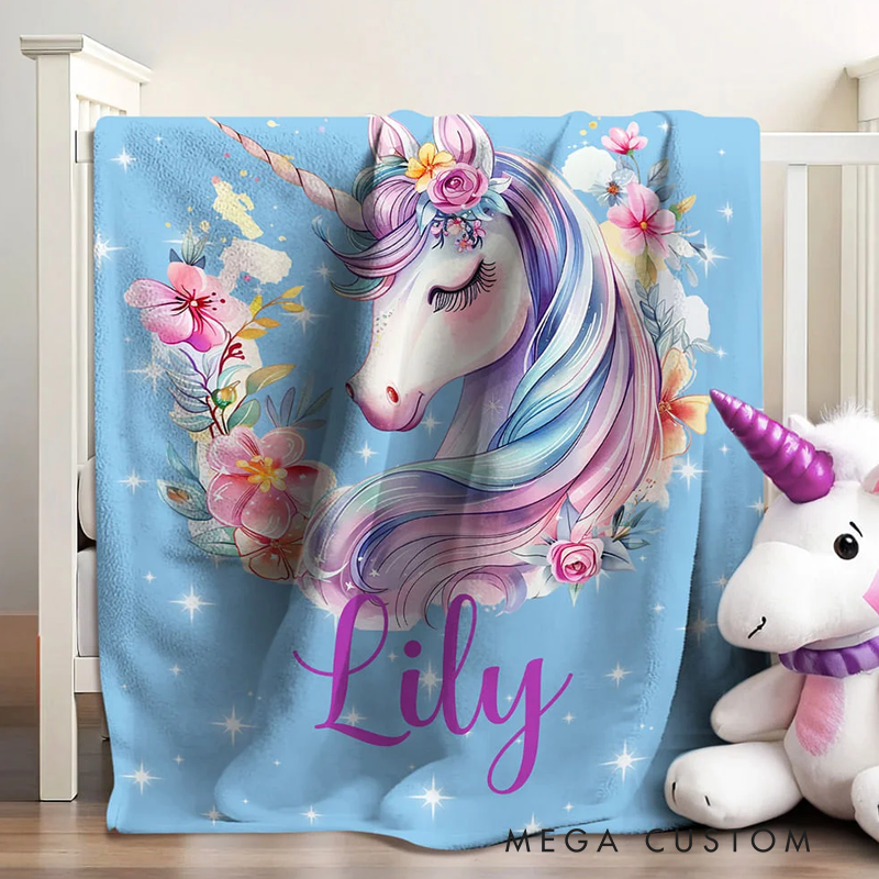 Personalized Fantasy Unicorn Soft Throw Blanket with Name Nursery Decor Baby Shower Birthday Gift for Newborns Girls