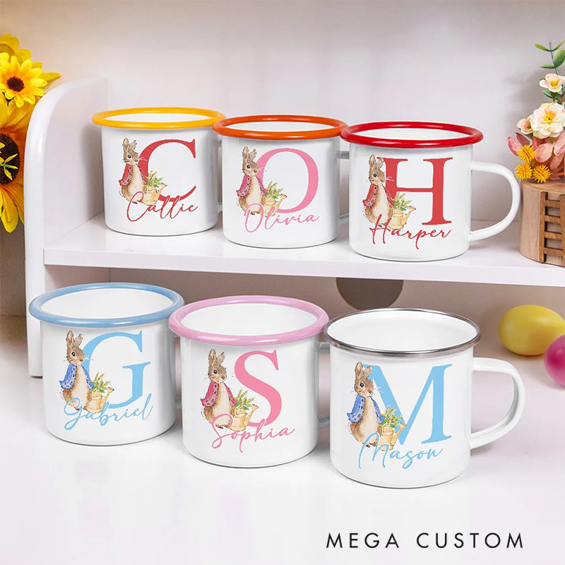 Personalized Cute Rabbit Bunny 12oz Enamel Mug with Initial and Name Back to School Birthday Easter Gift for Kids
