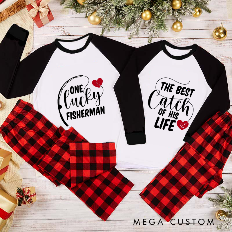 Personalized Fishing Couple Pajama Lucky Fisherman and Best Catch Design Christmas Sleepwear Funny Gift for Couples or Fishing Lovers