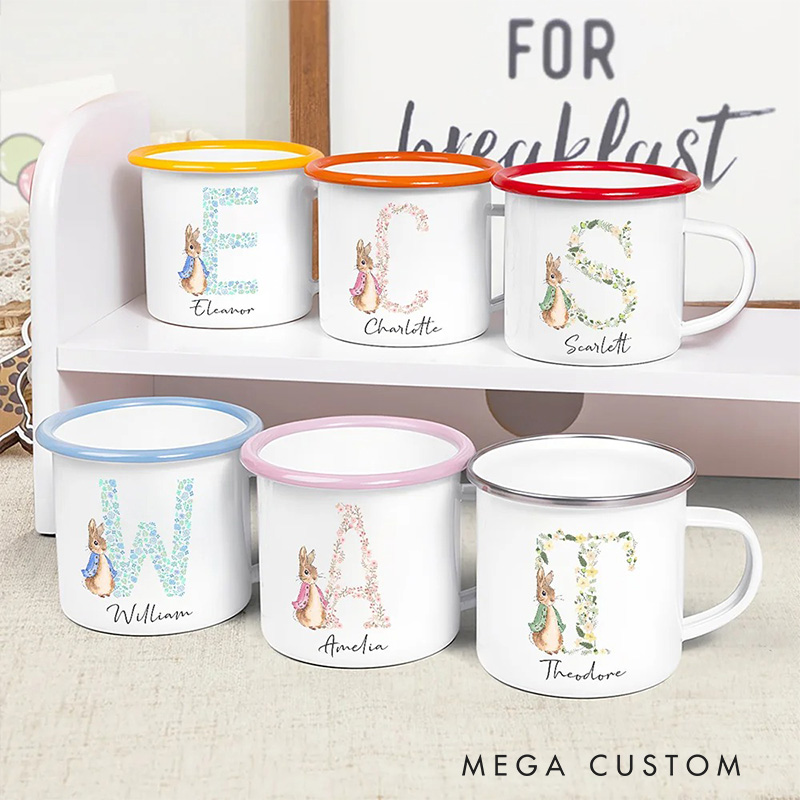 Personalized Flora Cute Rabbit Bunny Enamel Mug with Initial and Name Back to School Birthday Easter Gift for Kids