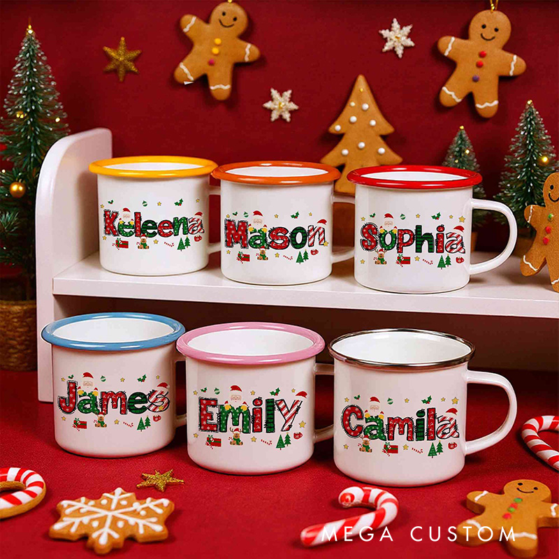 Custom Name Cartoon Christmas Theme Enamel Mug 12oz Shatterproof Cup with Handle Cocoa Milk Mug Christmas Gift for Kids