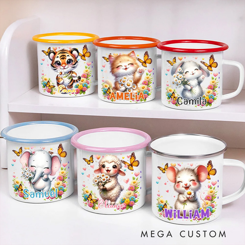 Personalized Wildflower Cute Animal Portable 12 oz Enamel Cup with Name Back to School Birthday Gift for Boys Girls