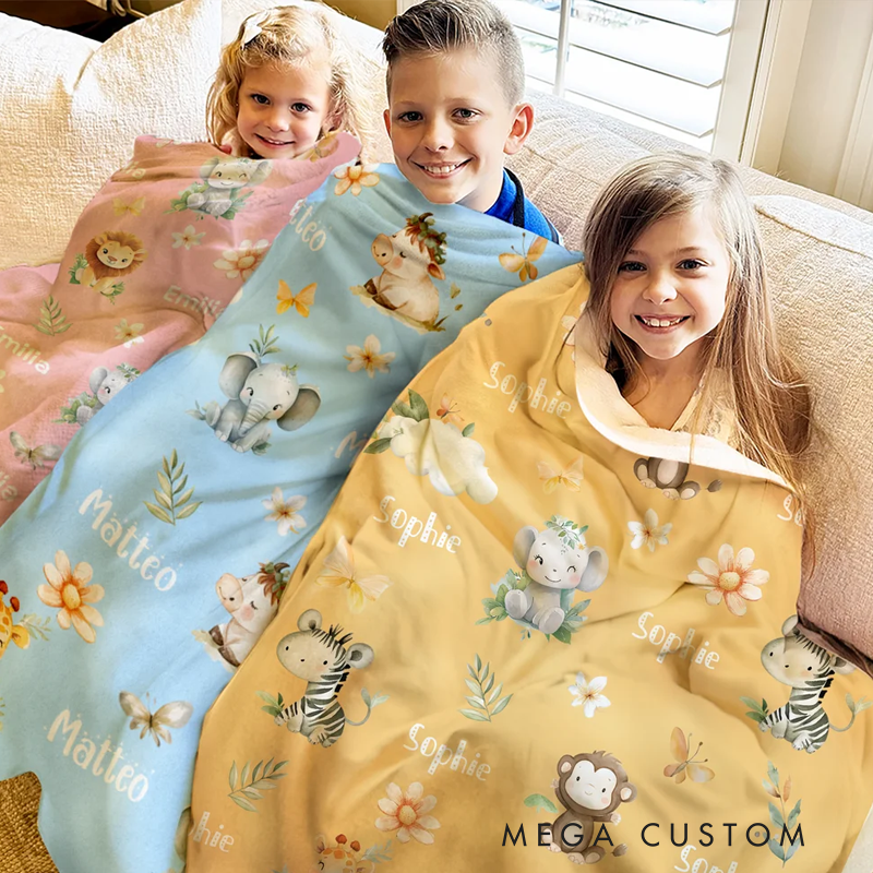 Personalized Watercolor Forest Animals Soft Throw Blanket with Name Home Decor Baby Shower Birthday Gift for Kids Family Friends