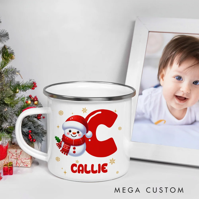 Personalized Cute Cartoon Snowman Initial 12 oz Enamel Mug with Name Christmas Gift for Boys Girls