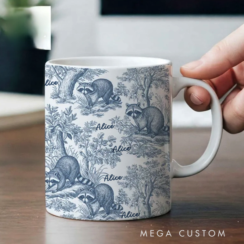 Personalised Raccoon Toile de Jouy Mug Blue Country Gift