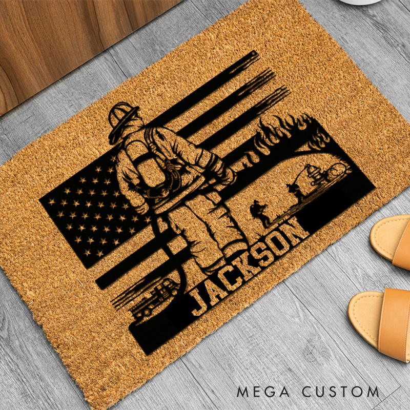 Personalized Firefighter Doormat with Custom Name and Heroic Design Gift for Firefighter Families