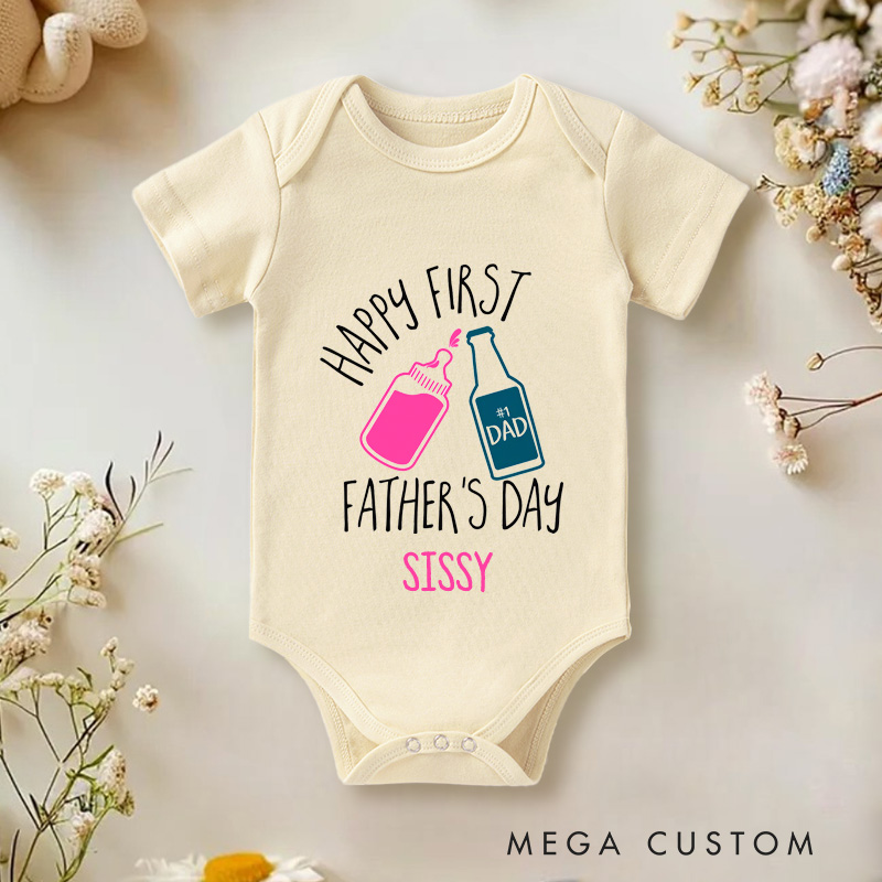 Personalized Happy First Father's Day Baby Onesie with Your Name Gift for New Daddy