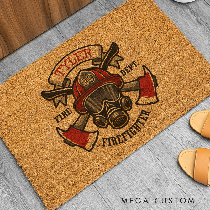 Personalized Firefighter Doormat with Custom Name and Firefighter Emblem Gift for Firefighter Families