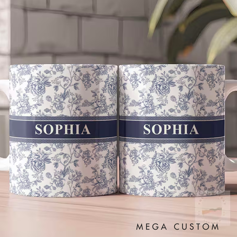 Personalised Name Toile De Jouy Ceramic Mug Birthday Gifts