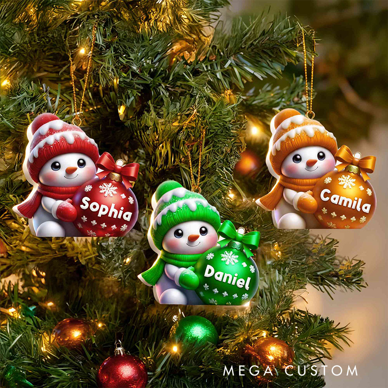 Personalized Name Cartoon Snowman Holding Christmas Ball Ornament Multicolor Christmas Tree Hanging Decor Christmas Gift for Kids Family Friends