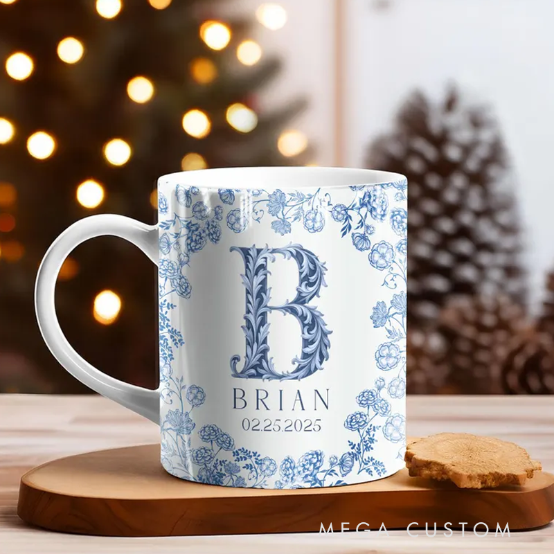 Personalized Monogram Mug Custom Name Mug Initial Letter Coffee Mug Blue Toile Mug 