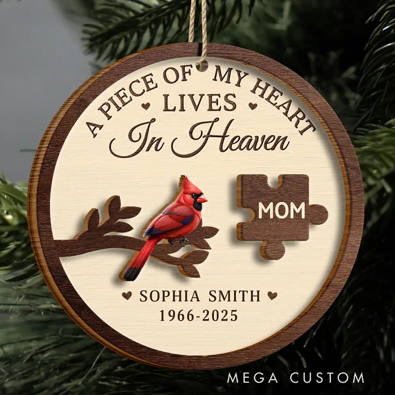 Personalized 2-Layered Wooden Ornament A Piece Of My Heart Lives In Heaven Sympathy Gift for Loss of Loved One