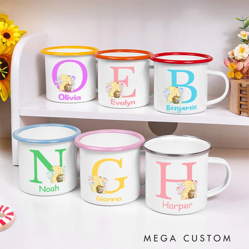 Personalized Cute Classic Bear Enamel Mug with Initial and Name Back to School Birthday Easter Gift for Kids