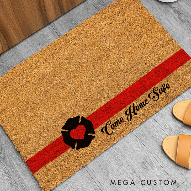 Personalized Come Home Safe Doormat with Firefighter Maltese Cross Design Gift for Firefighter Families