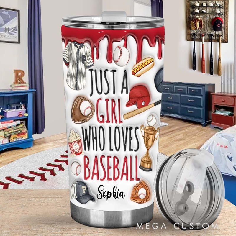 Personalized Baseball Tumbler with "Just a Girl Who Loves Baseball" Design and Custom Name